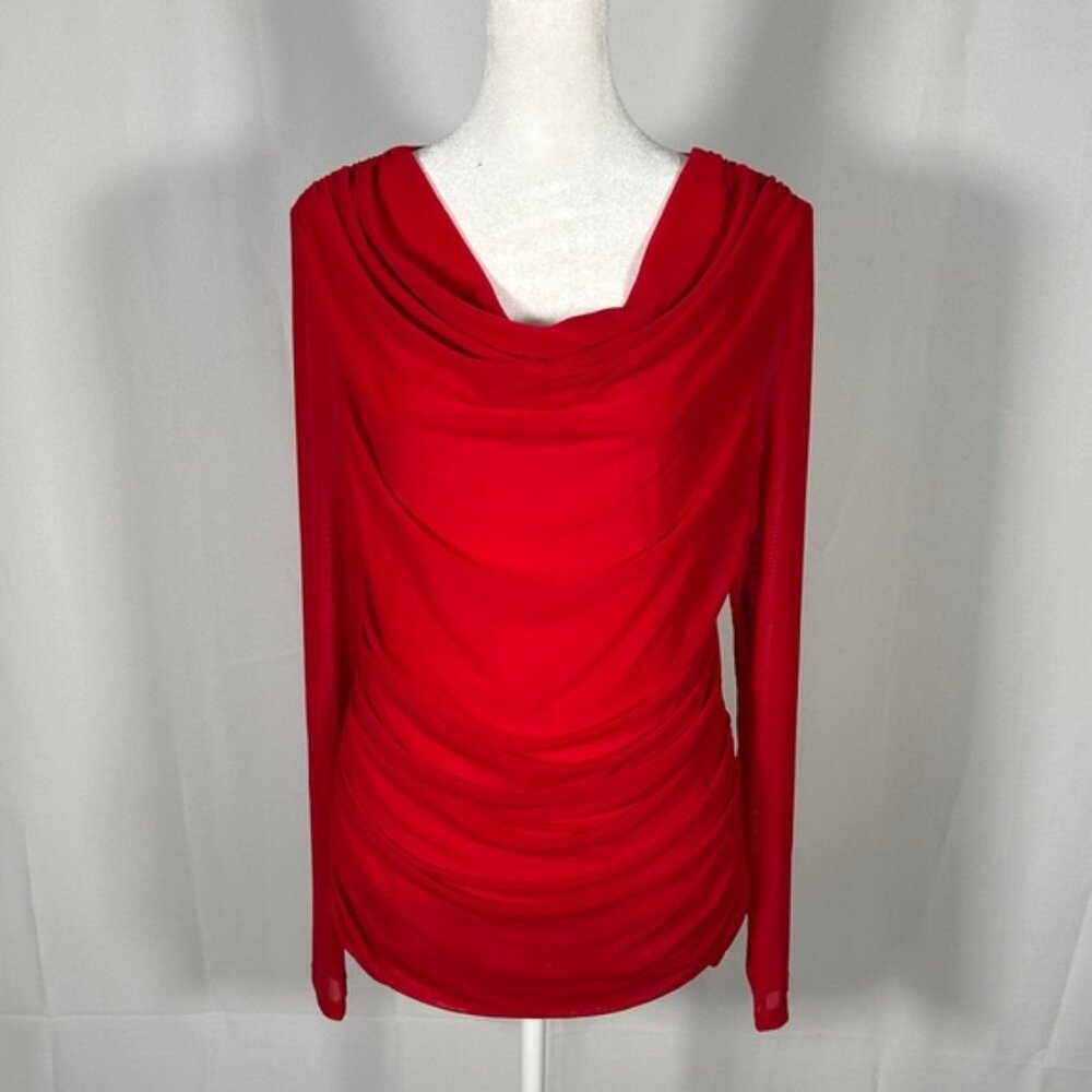 Patricia Luca Red Draped Top Sheer Long Sleeves With Layered Cascading Neck